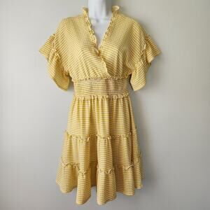 Max Studio Check Dress Women's S Yellow Tan Tiered Boho Chic Smocked Cottagecore